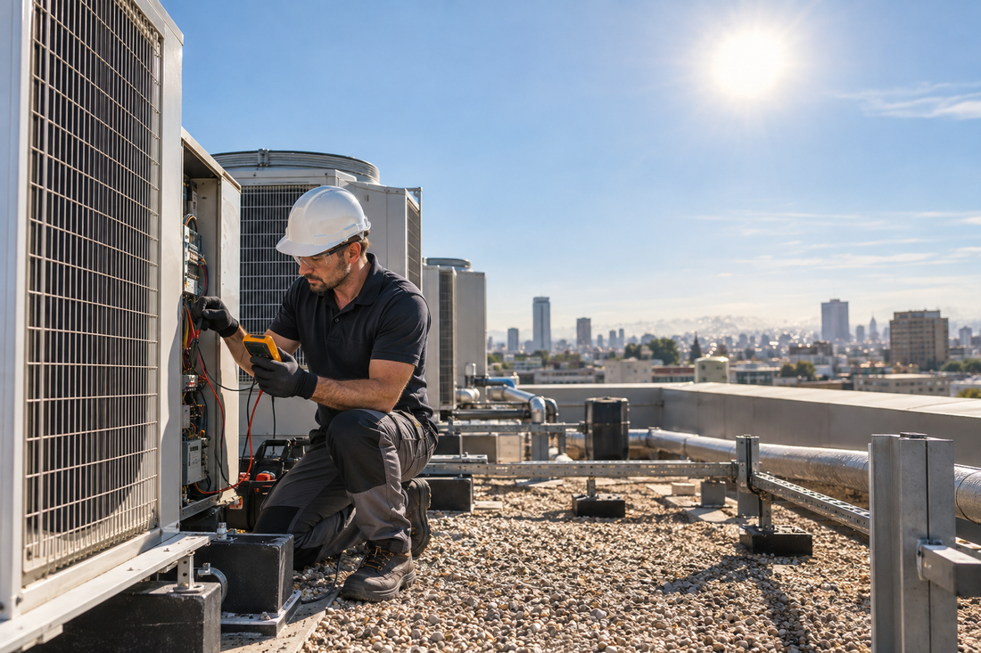 Technicien HVAC inspectant des groupes de climatisation sur un toit pendant la canicule 2026