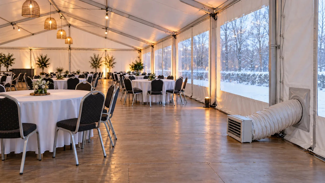 Intérieur d’un chapiteau de réception en hiver, avec distribution d’air chaud par une gaine latérale.