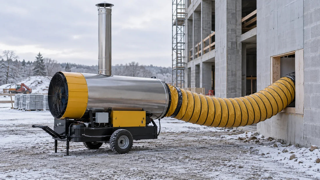 Chauffage mobile à combustion indirecte à l’extérieur d’un chantier en hiver, avec conduit de fumées et gaine d’air chaud.