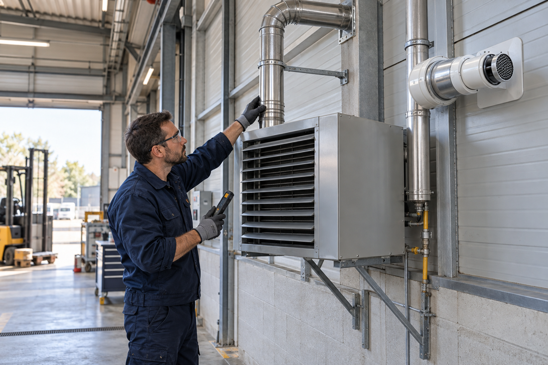 Technicien CVC inspectant un aérotherme gaz avec conduit simple paroi et sortie ventouse dans un atelier industriel