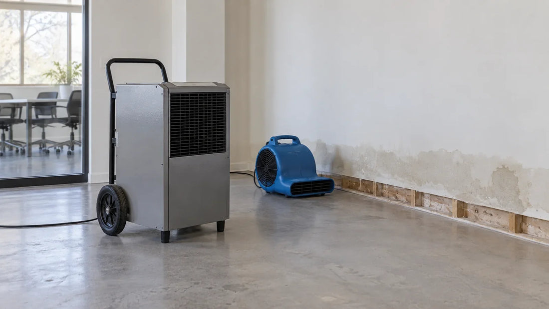 Déshumidificateur professionnel et ventilateur dans une pièce en cours d’assèchement après un dégât des eaux.
