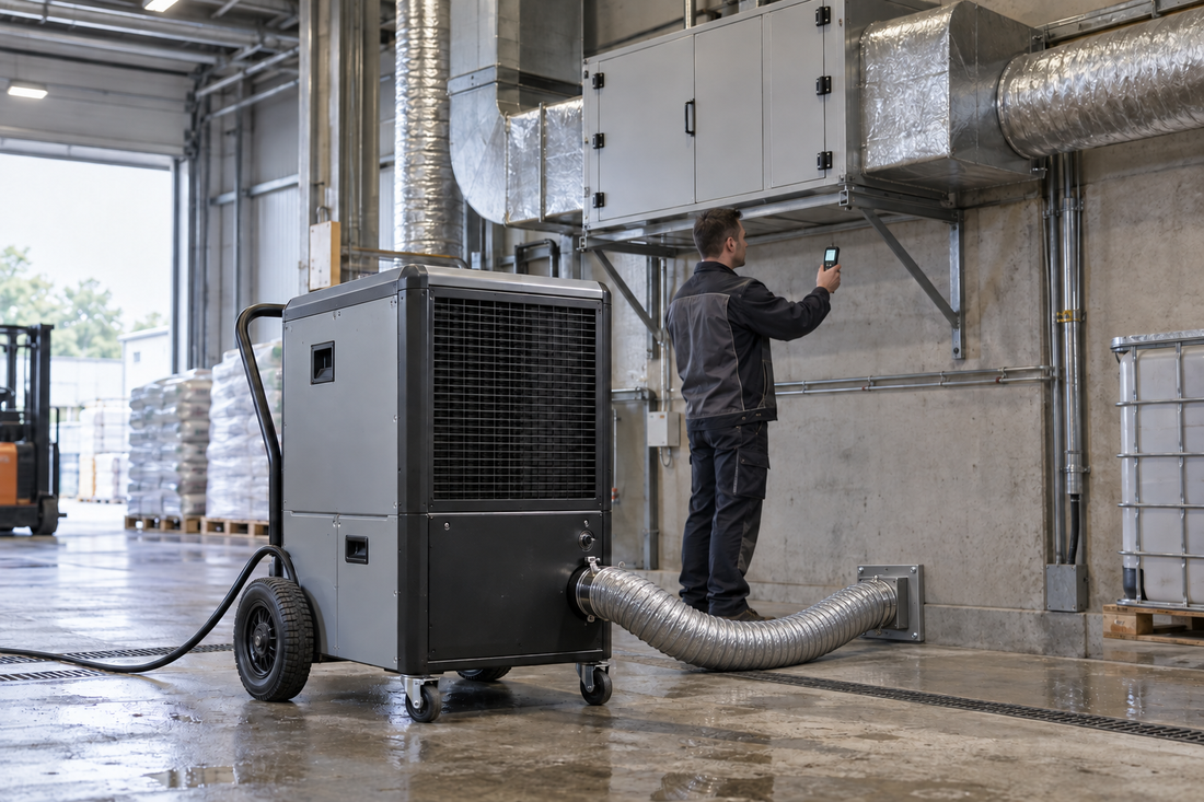 Déshumidificateur industriel à gaz chaud mobile et système fixe gainable contrôlés par un technicien en entrepôt
