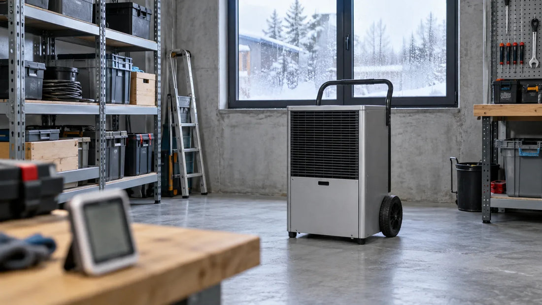 Déshumidificateur industriel sur roulettes dans un atelier froid, près d’une fenêtre condensée et d’un hygromètre.