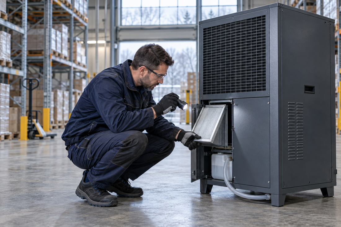 Technicien contrôlant le filtre d’un déshumidificateur industriel avant l’hiver dans un entrepôt