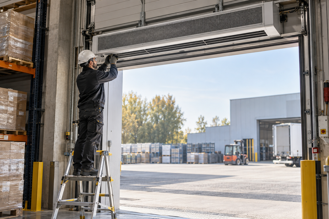 Technicien CVC réglant un rideau d’air chaud installé au-dessus d’une porte d’entrepôt