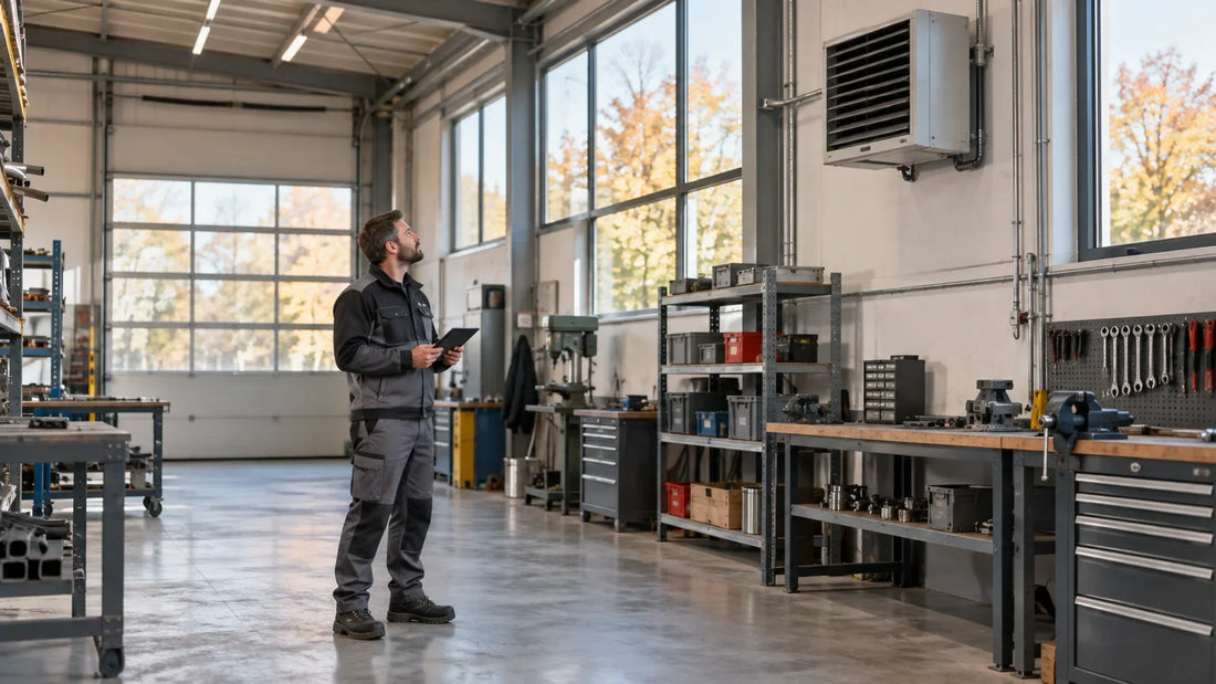 Technicien observant un aérotherme fermé dans un atelier avant la remise en route du chauffage pour l’hiver.